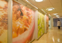 Photo murals on vinyl brighten this medical facility.