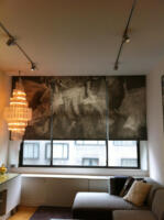 McQueen image on digitally-printed shade in living room